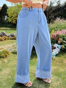 EMERY ROSE Plus Size Casual Solid Color Button Pocket Wide Leg Jeans - Light Wash - View 4