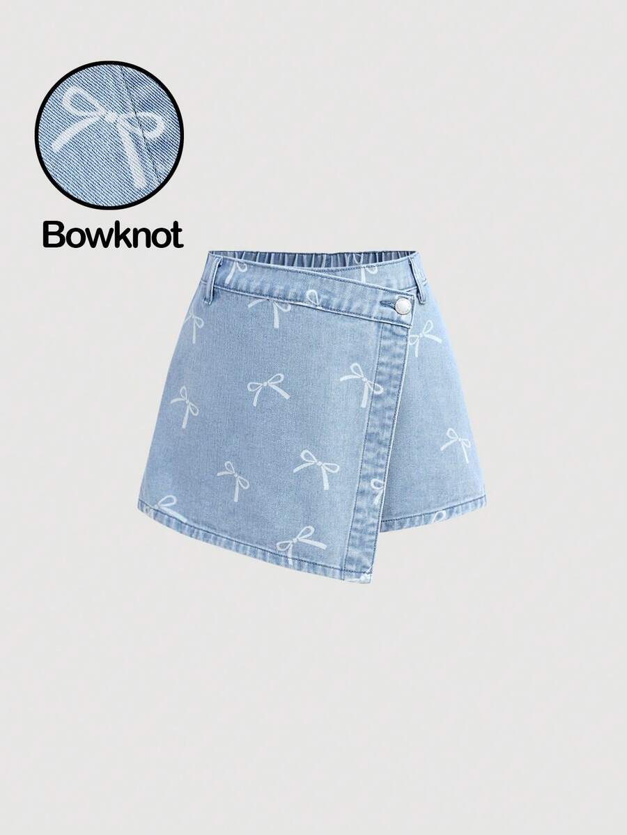 SHEIN Girlism 少女Y2K浅色水洗牛仔短裙，春假风，不对称下摆，腰部系带，适合春夏季节，波西米亚风，复古/海滩/海边/优雅毕业季，休闲，暑假，春季，海滩，假期，情人节，暑假，海滩度假 - 藍色 - 查看 1
