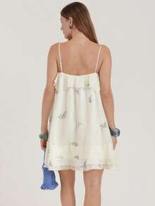 Đầm ngắn nữ màu mơ thêu bèo nhún, đầm hai dây không tay, đầm đi nghỉ mát. - Màu be - Xem 2