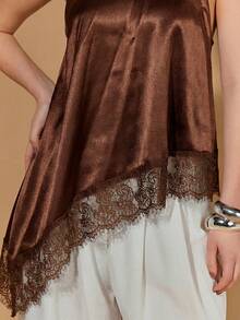 COSMINA Women's Dark Brown Satin Halter Neck Top,Lace Trim Asymmetric Hem Sleeveless Camisole,Elegant Summer Night Out Party Top,Y2K Fashion Cami - Brown - View 5