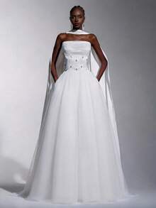 Elitara 优雅简约奶油色缎面拼接薄纱高低摆手工水晶荷叶边新娘婚纱，适合婚礼仪式、正式庆典、红毯活动、豪华招待会、户外森林海滩、正式场合等。 - 白色 - 查看 5