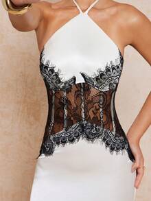 Lumalex 女士优雅性感撞色蕾丝拼接露背连衣裙 - 象牙白色 - 查看 18