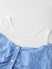 Women's Striped Ruched Button Design Off-Shoulder Fashion Blouse - Blue - View 5