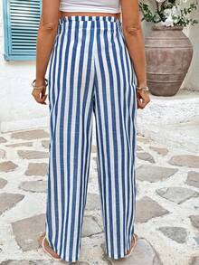 SHEIN Summer Outfit Vacation Blue Cotton Striped Fabric, Loose-Fitting Vacation Trousers For Pregnant Women.  Maternity Striped Waist Tie Pocket Wide Leg Loose Casual Pants - Blue and White - View 2
