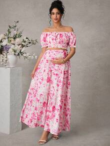 Momance Women's Elegant Printed Off Shoulder Camisole Top + Adjustable Waist Ruffle Hem Skirt Maternity 2-Piece Set - Multicolor - View 4
