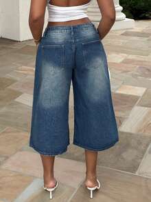 Alexandranx Women's Blue Denim Cropped Pants Low Waist Bermuda Casual French Style Autumn And Winter Wear - Medium Wash - View 2