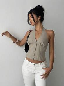 Aloruh Blazer delgado de mujer de un solo pecho con cuello alto de algodón a rayas para otoño/invierno - Albaricoque - Ver 3