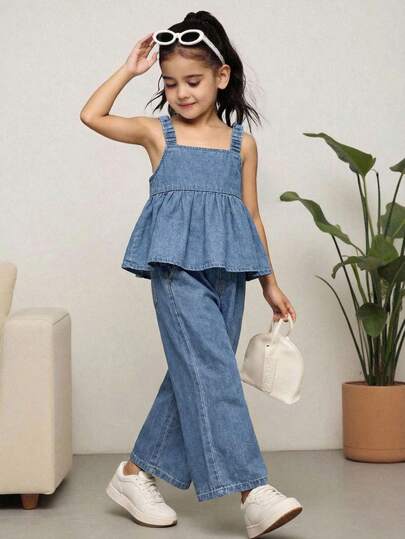 2pcs/Set Young Girl' New Fashion Casual Soft Cute Boho Vacation Blue Denim Loose Suspender Top And Loose Fit Jeans Set Spring Summer,For Kids Girls Spring/Summer Dailywear Outfits,Girls Streetwear Outfits,Beach Vacation Outfits For Girls ,Girls Summer Boho Outfits,Casual Clothes For Girls ,Graphic Jeans Girls ,Toddler Two-Piece Set,4-Year-Old Girls Two-Piece Set,Summer Two-Piece Set,Casual Two-Piece Set