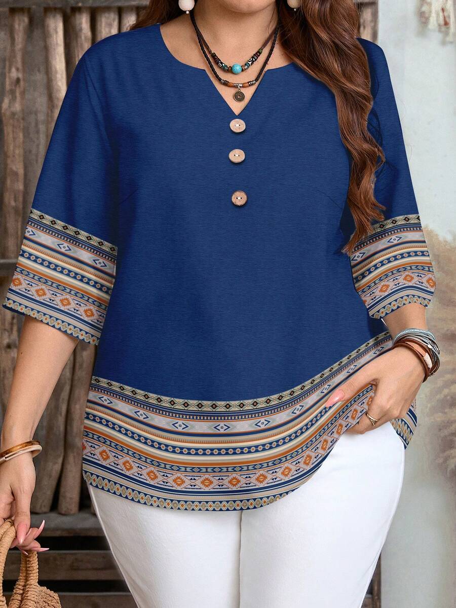 EMERY ROSE Casual Minimalist Blue Base Geometric Striped Print Women Short Sleeve Shirt, Suitable For Spring & Summer - Multicolor - View 1