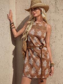 Wildy 休闲美式西部乡村蕾丝拼接女式无袖迷你连衣裙，适合日常穿着、通勤、春夏穿着 - 卡其色 - 查看 9