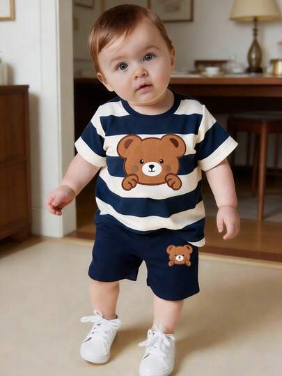 Baby Boy Fashionable & Comfortable Casual Crew Neck Short Sleeve T-Shirt Set, Featuring Cute Bear & Stripe Print Design, Loose Fit Crew Neck Tee, Suitable For Spring/Summer Wear, Casual Streetwear, Outdoor Picnic, School, Party, Gift