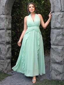 VOLUPTÉ CURVE Plus Size Women's Spring/Summer Green Floor Length Dress Halter V-Neck Ruffle, Elegant Beach Vacation Birthday Party Wedding Guest Dress Women - Green - View 6