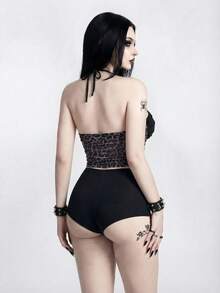 ROMWE Women's Casual Vacation Beach Party Leopard Print Pattern Halter Two Pieces Beachwear Gothic Top Crop Top Set 2 Piece Woman Set Short Tube Top Set Lace 2 Piece Set - Multicolor - View 2