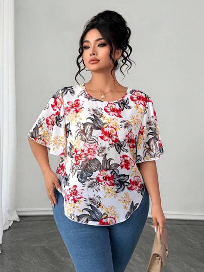 Elenzga Plus Size Women Printed Round Neck Ruffle Sleeve Casual Vacation Shirt