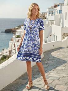 EMERY ROSE 後鎖孔印花連衣裙 - 藍白色 - 查看 4