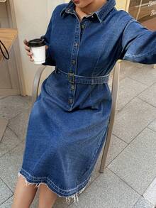 Dazy Plus Vestido midi de mezclilla lavada vintage oscura, vestido de mezclilla de manga larga con cuello y media cartera casual, primavera/otoño - Azul lavado oscuro - Ver 2
