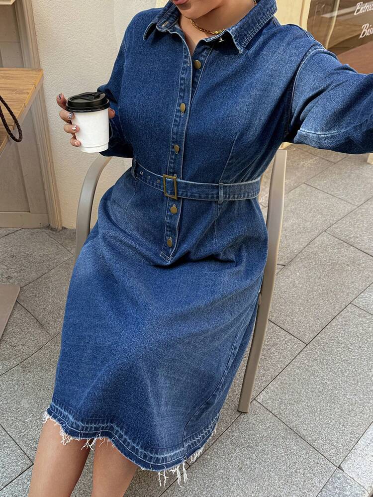 Dazy Plus Vintage Washed Dark Denim Midi Dress, Casual Collared Half-Placket Long Sleeve Denim Dress, Spring/Autumn