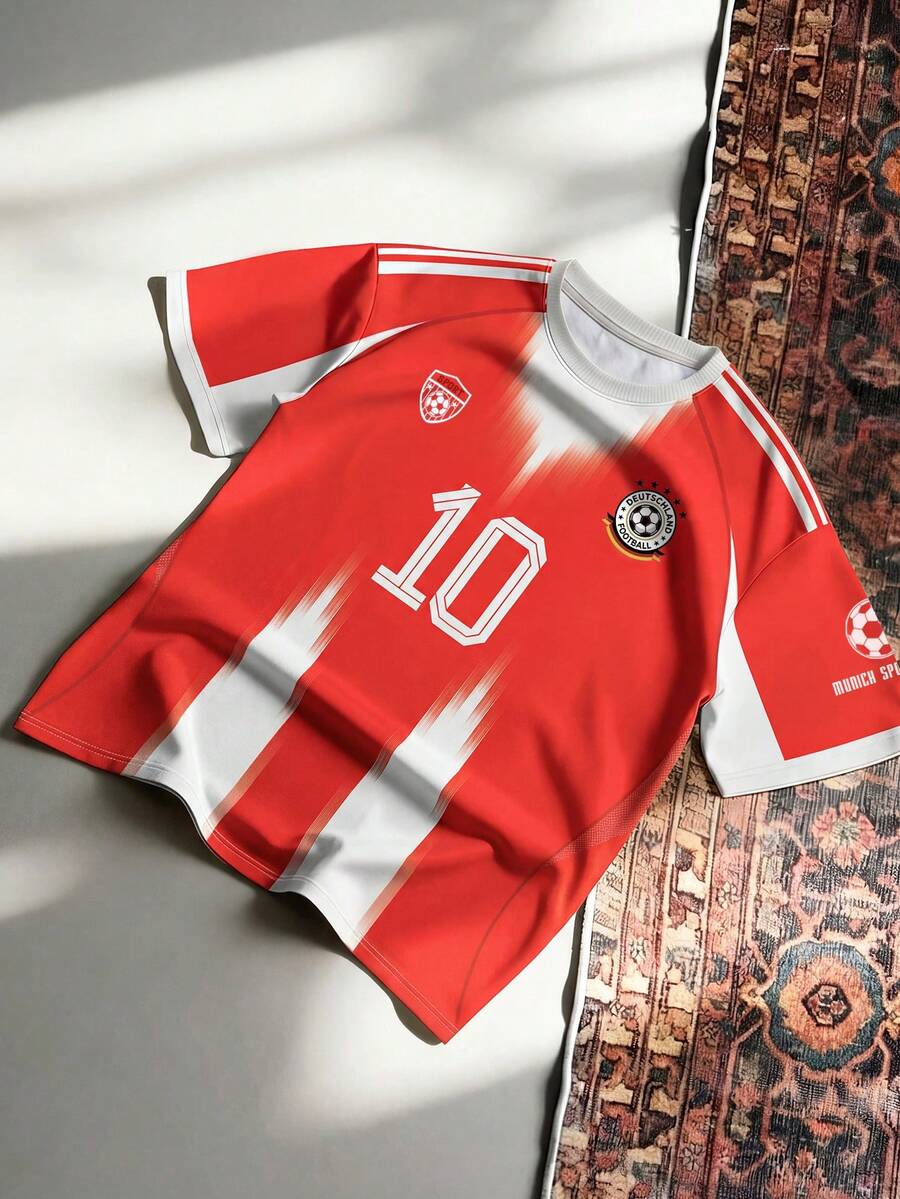 Aesthetic Post 红白撞色渐变线条设计，经典球衣元素重现，胸前印有10号球员号码，球队星形标志，男士图案T恤，女士图案T恤，男士时尚运动夹克，足球/橄榄球装备 - 彩色 - 查看 1