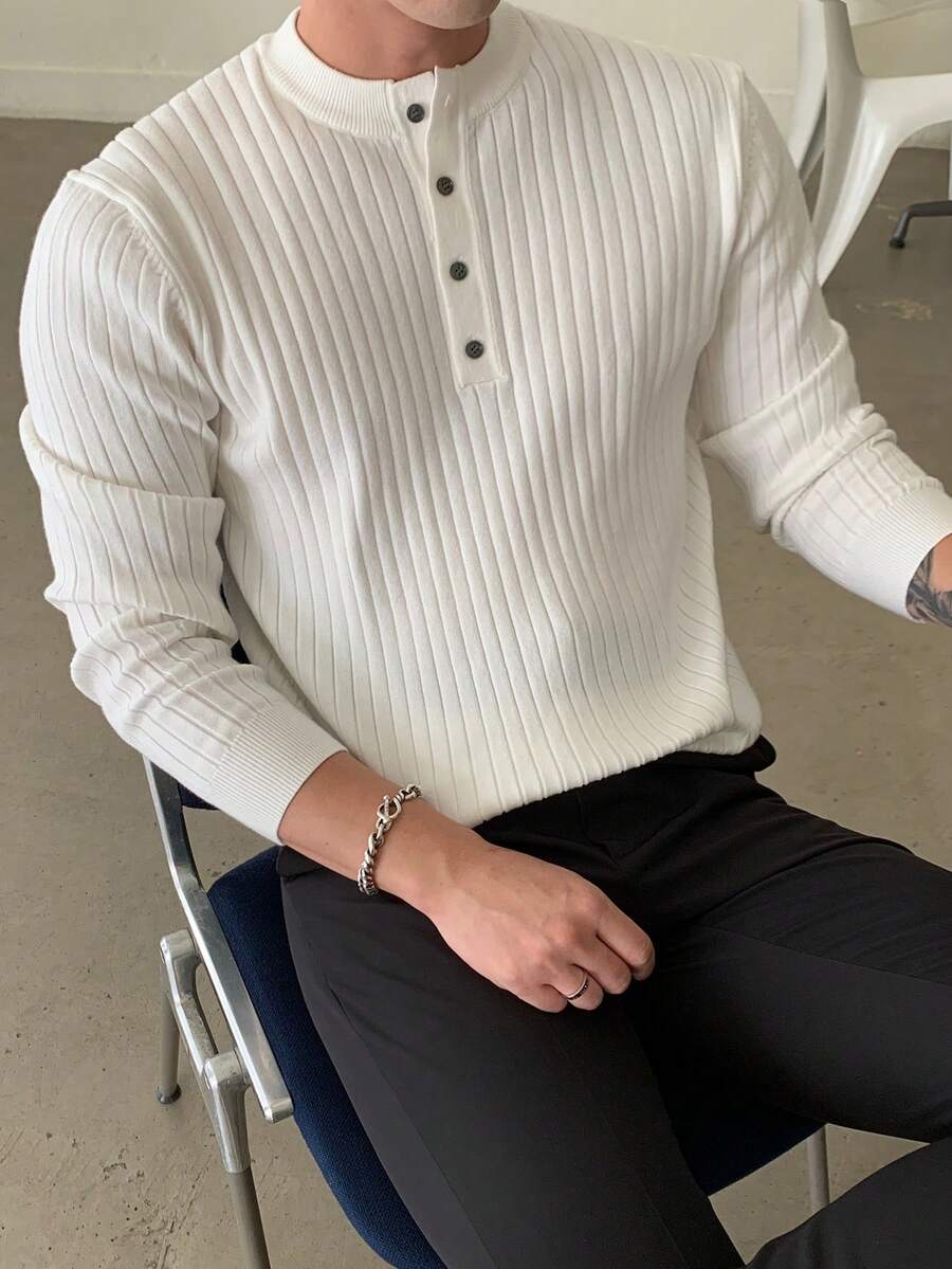 SHEIN X Scheana DAZY Suéter de punto acanalado con botones a media altura para hombre, otoño - Blanco - Ver 1