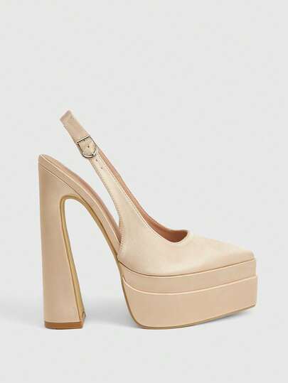 CUCCOO LuxiPop Women Shoes Outdoor Women's Pointed Thick High Heel Double-Layer Waterproof Table Satin Fabric Stylish, Simple And Comfortable Buckle For Daily Parties And Banquets Dew Heel Solid Color Shoes