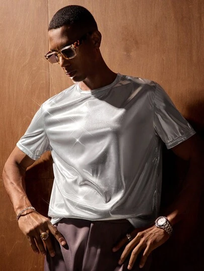 AKNOTIC 男士纯色圆领休闲百搭针织短袖T恤