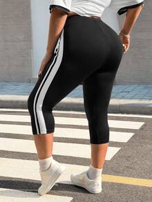 Muchica Quần legging cạp cao kẻ sọc tương phản dành cho nữ cỡ lớn, thích hợp cho mùa xuân/hè. - màu đen - Xem 2