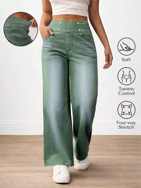 Flexra Plus Size Women High Waist Pockets Wide Leg Loose Casual Versatile Jeans