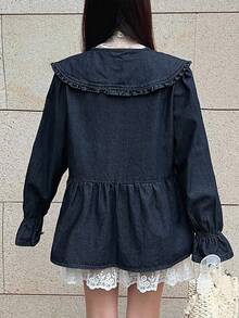 FRIFUL Áo sơ mi denim nữ tay dài cổ Peter Pan buộc dây, kiểu dáng thường ngày, thích hợp cho mùa thu. - Màu xanh lam - View 5