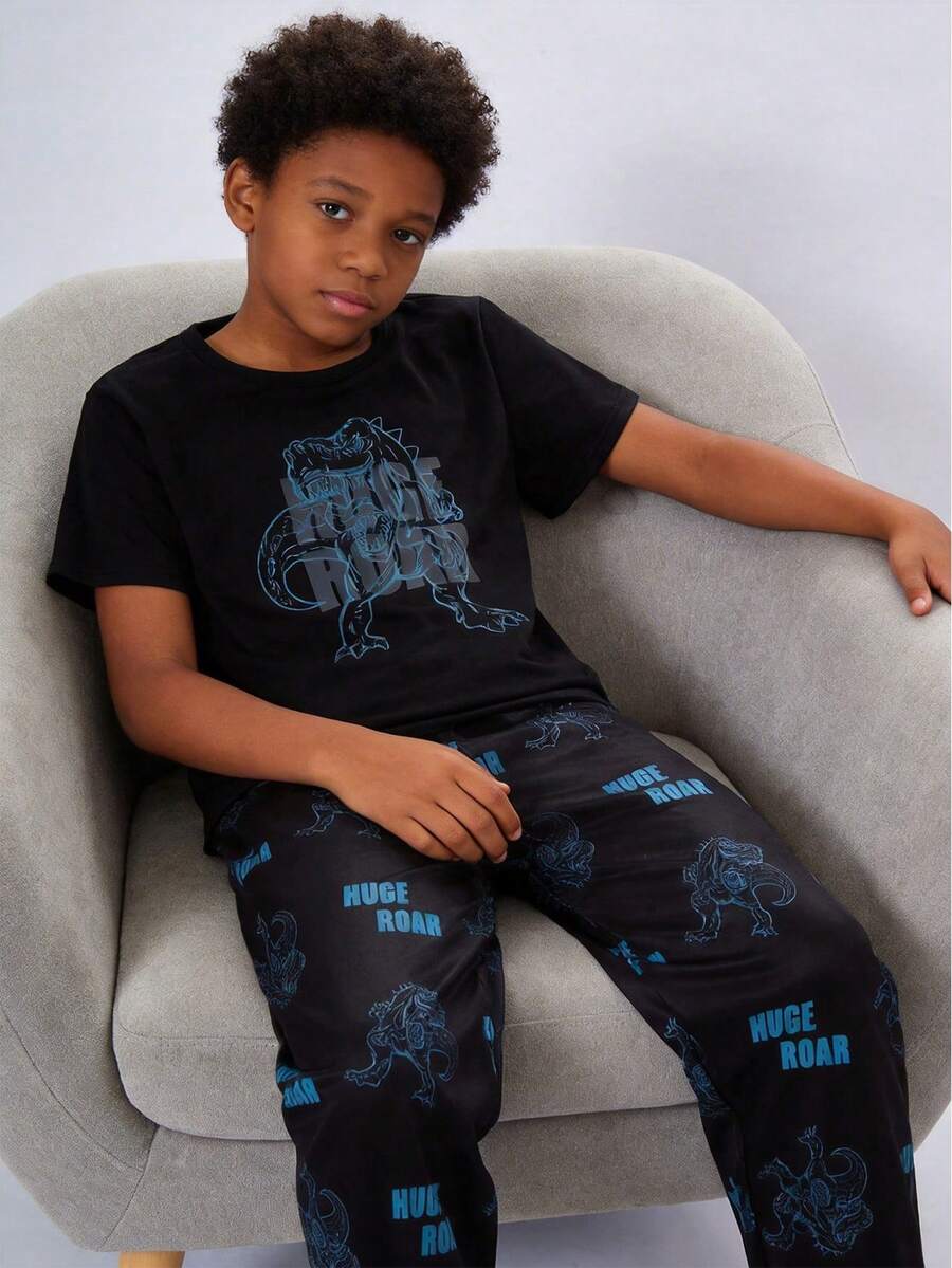Boys' Casual Cute Dinosaur Print Short Sleeve Top And Pants Pajama Set Summer Sets For Boy Tween Boy Clothes Set - Black - View 1
