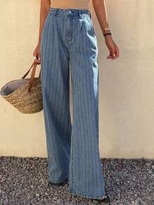 Livesso 女士休闲条纹水洗直筒牛仔裤，四季皆宜 - 中等水洗藍 - 查看 3