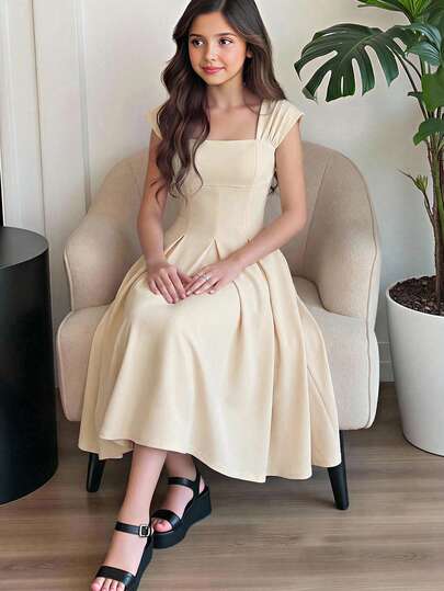 Đầm xòe xếp ly không tay, dây bản rộng, màu mơ, thanh lịch dành cho bé gái tuổi teen, thích hợp cho Giáng sinh, Năm mới, tiệc tùng, đầm dạ hội cho bé gái.