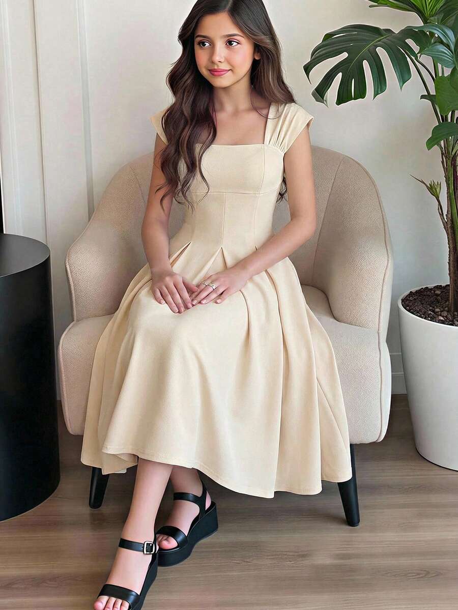 Tween Girl Elegant Sleeveless Wide Strap Ruched Flared Dress,Apricot White Summer Party,Girls Formal Modest Cream Long Beige Classy Spring Dresses - Apricot - View 1