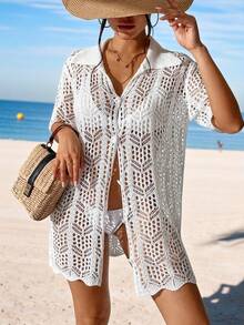 Swim Vcay 女士纯色翻领单排扣休闲度假和服短袖上衣钩针罩衫泳装罩衫沙滩衬衫女士泳衣罩衫沙滩装罩衫夏季衬衫女士度假沙滩衬衫女士沙滩罩衫沙滩钩针罩衫泳衣罩衫衬衫沙滩装女士罩衫女士泳装罩衫白色衬衫罩衫女士泳衣两件套女士白色上衣女士上衣和衬衫女士泳衣收腹 - 白色 - 查看 1