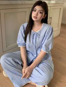 Dazy Plus Lace Tie Collar Cute Cardigan Top And Long Pants Pajama Set, Casual For Girls, Spring/Autumn - Blue - View 8
