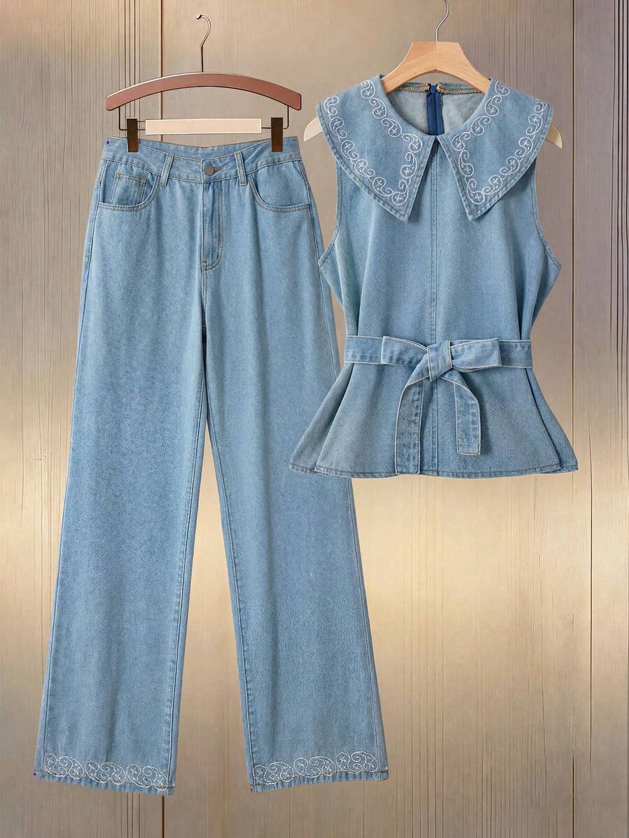 GlowEve Conjunto informal de blusa bordada con flores de anacardo y jeans para mujer, de verano - Azul - Ver 1