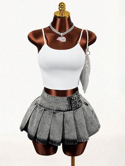 Mistrie Women's Casual Washed Pleated Mini Denim Skirt