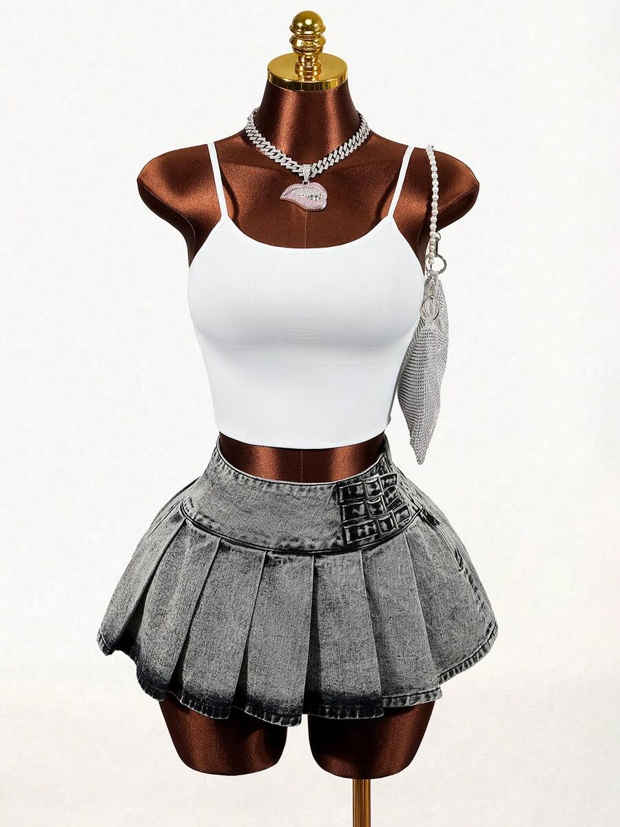 Mistrie Women's Casual Washed Pleated Mini Denim Skirt - Black - View 1