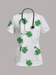 TaskEZ Women's Clover Print V-Neck Casual Everyday Scrub Uniform Top - Multicolor - View 1