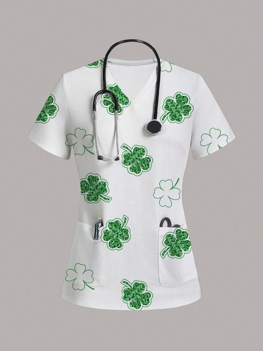 TaskEZ Women's Clover Print V-Neck Casual Everyday Scrub Uniform Top - Multicolor - View 1