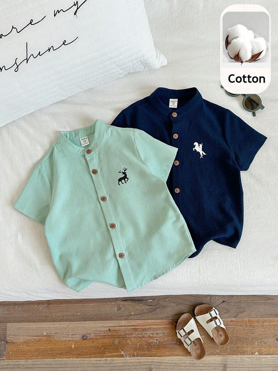 SHEIN Bộ 2 áo sơ mi ngắn tay màu trắng trơn, kiểu dáng thường ngày dễ thương, đơn giản dành cho bé trai, thích hợp cho tiệc sinh nhật, tiệc tùng, biểu diễn, đám cưới. - Nhiều màu - Xem 1