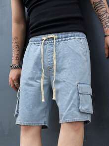 Manfinity Hypemode 男士抽绳腰带工装口袋休闲牛仔短裤 - 淺色水洗藍 - 查看 5