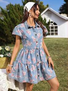 SHEIN Holidaya 女士玫瑰花印花优雅休闲荷叶边牛仔连衣裙 - 淺色水洗藍 - 查看 3