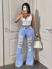 Slaydiva Women's Pocket Distressed Frayed Hem Flare Leg Jeans - Light Wash - View 6