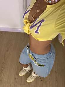 StreetHx 休闲街头风印花低腰牛仔短裤 - 淺色水洗藍 - 查看 4