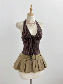 Elamini Brown Striped Organic Cotton V-Neck Halter Backless Tie-Waist Button-Front Cropped Shirt, Women's Spring/Summer , Minimalist, Office, Vacation, Retro Elegant, Versatile - Brown - View 3