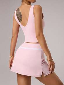Dewbera Women's Spring/Summer Sports Set, Includes: Pink Cross V-Neck Regular Length Fitted Sports Top, Contrast Waistband A-Line Sports Skirt With Shorts Lining And Pockets, Suitable For Casual Wear, Running, Yoga, Gym, Tennis, Golf - Pink - View 2