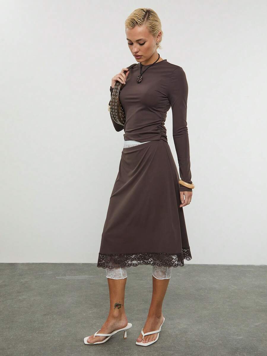 COUREZ 长袖修身针织衫 / Y2K 春季女装 长袖上衣 棕色上衣 修身上衣 可爱外出装 夏季上衣 夏季服装 度假装 夏季假日装 - 棕色 - 查看 1