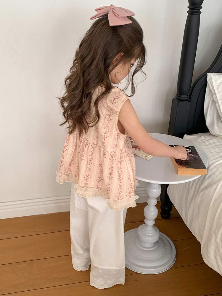 Young Girls Toddler Ditsy Floral Sleeveless Shirt And Pants 2-Piece Set, Fall Outfit Summer