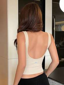 DAZY Minimalist Built-In Padded Backless Letter Graphic Decor Camisole Tank Top For Women, Summer - White - View 3