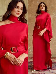 ZEYLAH Rochie maxi arabe elegantă, simplitate, culoare solidă, cu mâneci evazate, cu talie largă, oblică, cu halter și umeri - roșu - Vizualizare 9